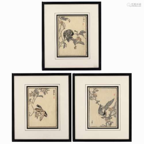 Set of three woodblock prints Japanese, 20th Century each depicting a bird perched on a branch