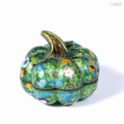 Canton enamel pumpkin shaped box Chinese, late 19th Century decorated flowers and foliage in various