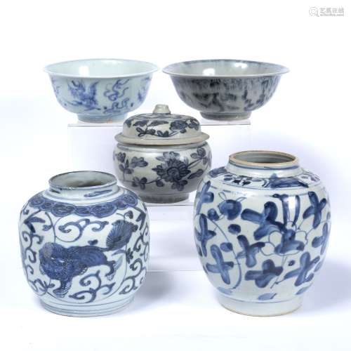 Collection of provincial blue and white wares Chinese comprising of three jars, one depicting two