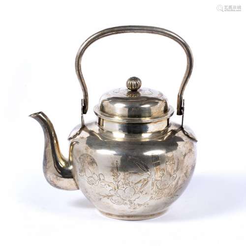 White metal teapot Japanese with swing handle and engraved decoration, stamped silver, 240g