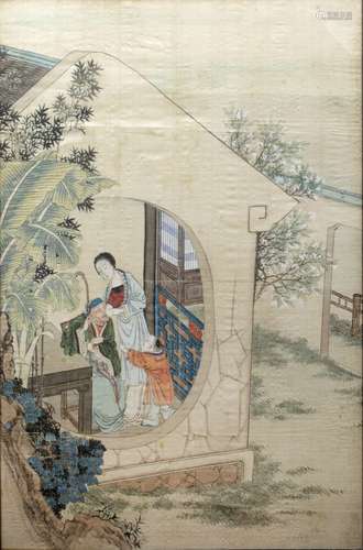 Silk study Chinese, 19th Century domestic scene, watercolours 72cm x 47cm