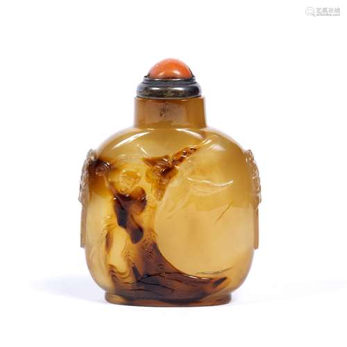 Brown agate snuff bottle Chinese, 1820-1880 of rounded rectangular form, the sides carved with low