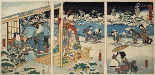Utagawa Kunisada Japanese, c1950 triptych depicting a snow scene, woodblock print each section