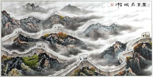 Contemporary Chinese School large watercolour study of the Great Wall with script and red seal