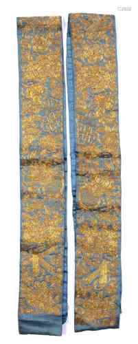 Pair of gold embroidered sleeve bands Chinese each on a blue ground 112cm long