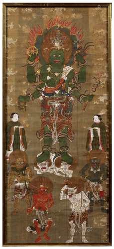 Painted panel Sino-Tibetan depicting Yama Dharmmaraja, attendants and other Gods 90cm x 39cm