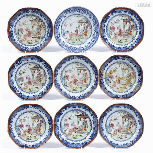 Group of nine export plates Chinese, Qianlong each painted to the centre with terrace scenes