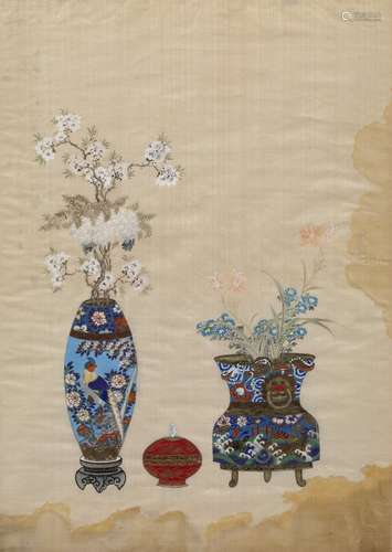 Framed silk panel Chinese, late 19th Century with two cloisonne painted vases with delicate