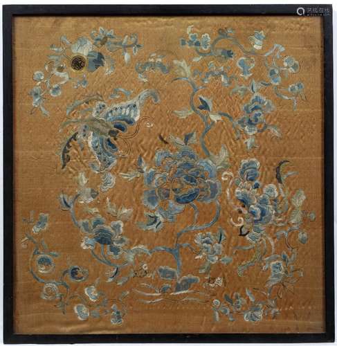 Silk square panel Chinese, 19th Century of gold ground with butterfly and trailing foliage 41cm x