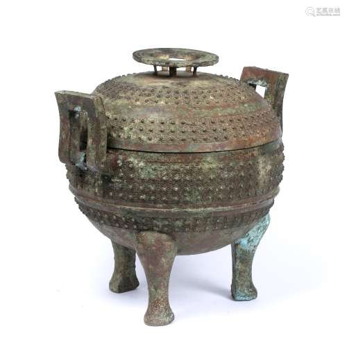 Bronze tripod vessel and cover, Ding Chinese Zhou Dynasty style, the body decorated with studs