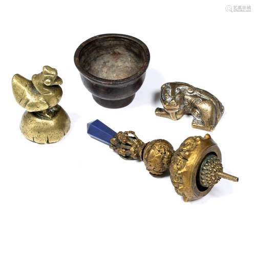 Group of metalware Chinese to include a Mandarin hat finial with revolving parts, a scroll weight