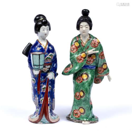 Satsuma model of a geisha Japanese, Meiji holding a lantern, with blue ground kimono 26cm and a