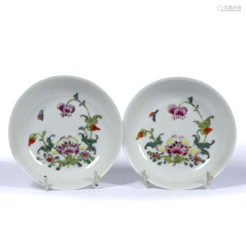 Pair of saucer dishes Chinese, 19th Century decorated in famille rose enamels 11.5cm