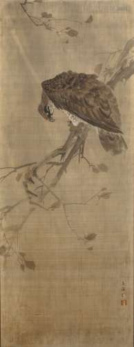 Watercolour painting on silk Japanese, 19th Century depicting hawk with prey, painted script and two