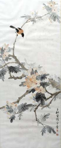 Scroll Chinese watercolour and gouache wash depicting birds and blossom, inscribed and signed with