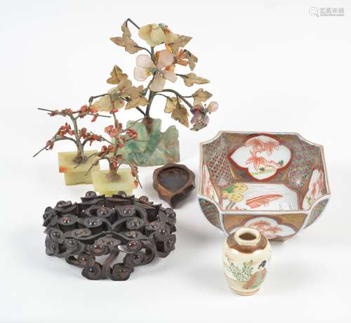 Carved hardwood stand Chinese, 19th Century 12.5cm and three hardstone
miniature trees and two