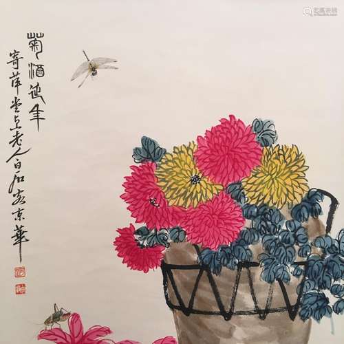 Chinese Hanging Scroll of 'Flowers' Painting, Baishi