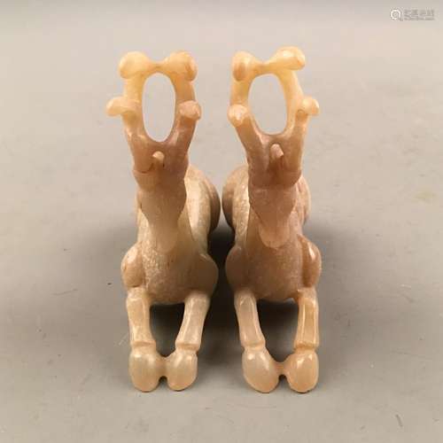 Pair Chinese Archaic Jade Deer Figure