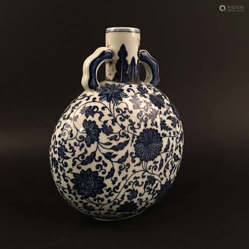 Chinese Blue-White Moon Flask Vase, Qianlong Mark