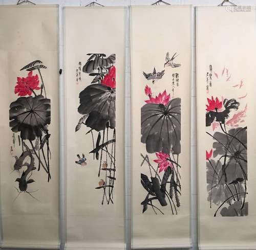 4 Pieces of Chinese Hanging Scroll of 'Lotus' Painting