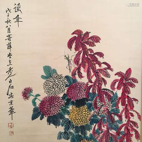 Chinese Hanging Scroll of 'Flowers' Painting, Baishi