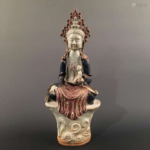 Chinese Blue-White Copper Red Guanyin Statue