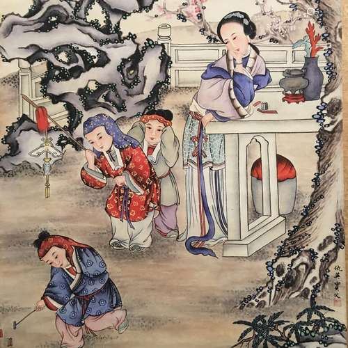 Chinese Hanging Scroll of 'Kids' Painting, Qiu Ying Bao