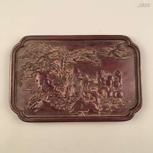 Chinese Hardwood Tray With Foodog Carving