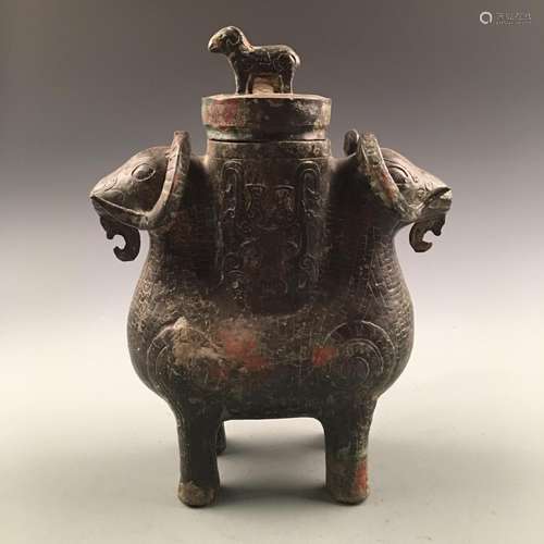 Chinese Bronze Sheep Head Wine Vessel