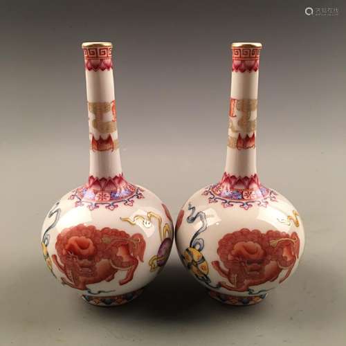 Chinese Red Dragon Vase Pair