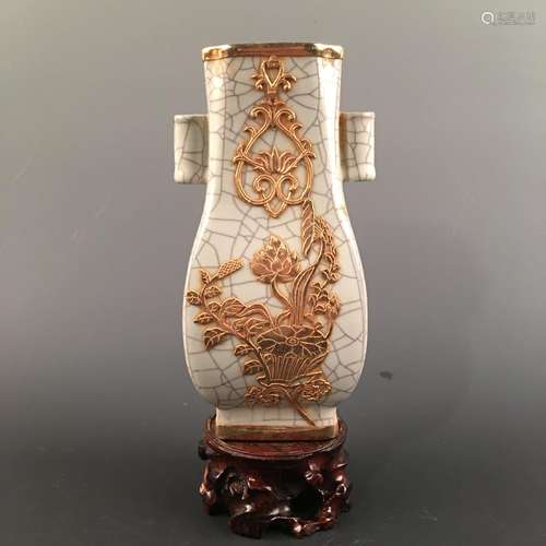 Chinese Ge Type Gilt 'Lotus' Square Bottle Vase