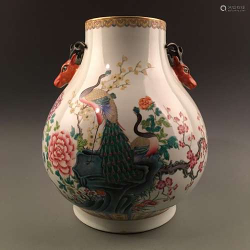 Chinese Famille Rose Porcelain Vase, Deer Heads Handle