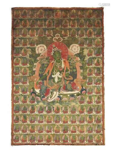 A GREEN TARA THANGKA 19TH CENTURY