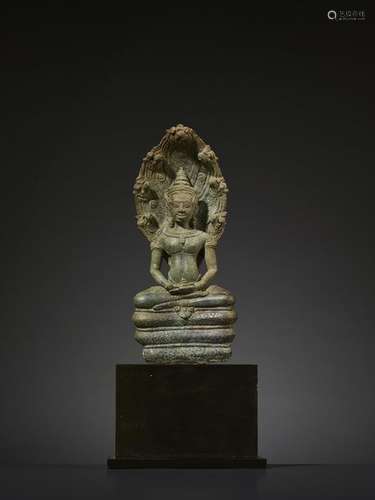 A KHMER BRONZE BUDDHA MUCHALINDA