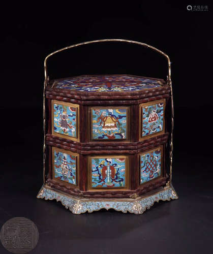 A HUANGHUALI WOOD WITH CLOISONNE OCTAGON BOX