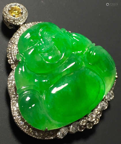 A GREEN JADEITE CARVED BUDDHA PENDANT, TYPE A