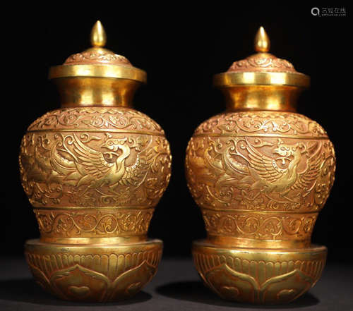 PAIR GILT BRONZE CASTED PHOENIX PATTERN JARS