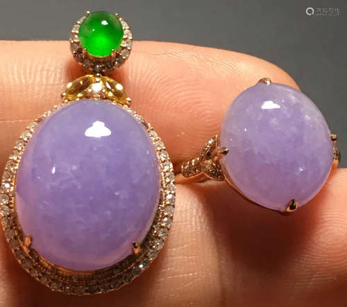 PAIR PURPLE JADEITE CARVED PENDANT&RING, TYPE A