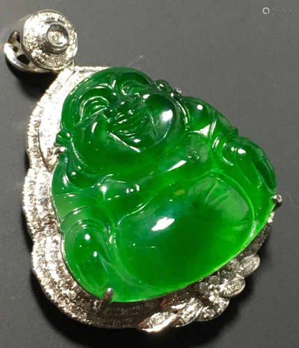 A GREEN JADEITE CARVED BUDDHA PENDANT, TYPE A