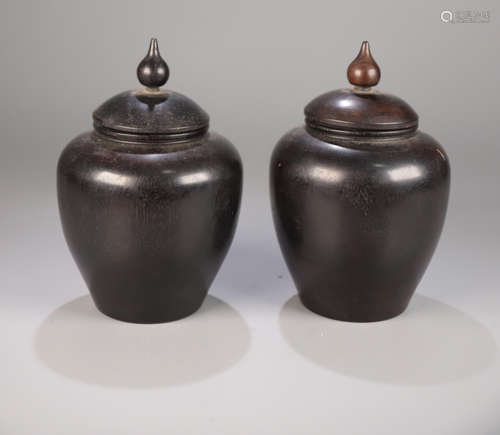 PAIR ZITAN WOOD CARVED JAR WITH COVER