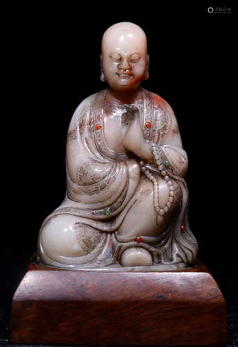 A SOAPSTONE CARVED LUOHAN BUDDHA