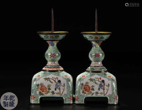 PAIR BRONZE CASTED ENAMELED GLAZE CANDLE HOLDER