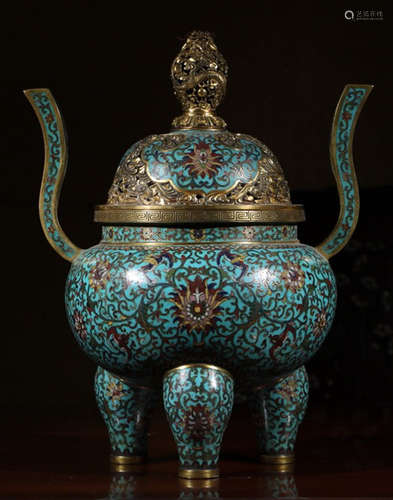 A CLOISONNE CASTED FLOWER PATTERN EAR TRIPOD CENSER