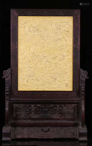 A ZITAN WOOD WITH YELLOW PORCELAIN DRAGON SCREEN