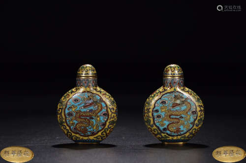 PAIR BRONZE ENAMELED GLAZE DRAGON SNUFF BOTTLE