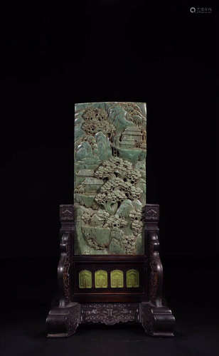 A GREEN JADE CARVED LANDSCAPE PATTERN SCREEN