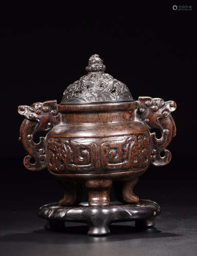 A CHENXIANG WOOD CARVED BEAST PATTERN EAR CENSER