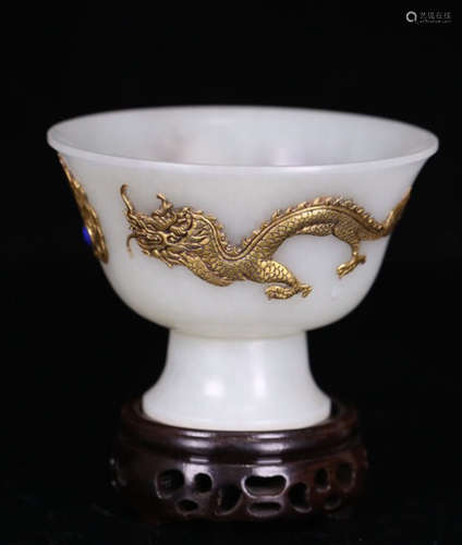 A HETIAN JADE CARVED GILD DRAGON PATTERN BOWL