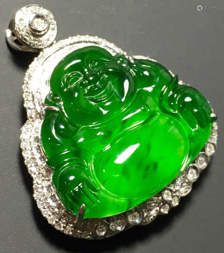 A GREEN JADEITE CARVED BUDDHA PENDANT, TYPE A