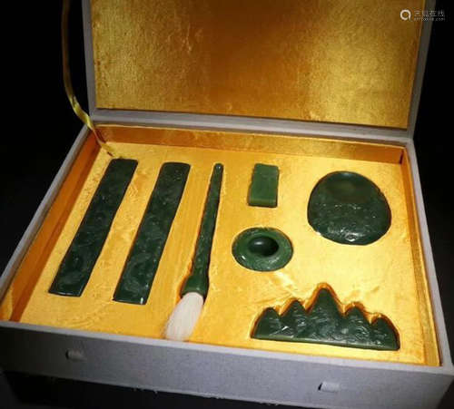 SET HETIAN GREEN JADE CARVED INK SLAB&PEN